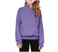 Girls Fleece Half Zip Sweatshirt Quarter Zip Pullover With Thumb Hole, Kids Fall Stretchy Jumpers V Neck Outfits Long Sleeve Pe School Sweater Gymnastics Running Yoga Sports Tops 7 Years Purple
