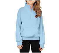 Girls Fleece Half Zip Sweatshirt Quarter Zip Pullover With Thumb Hole, Kids Fall Stretchy Jumpers V Neck Outfits Long Sleeve Pe School Sweater Gymnastics Running Yoga Sports Tops 13 Years Light Blue