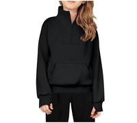 Girls Fleece Half Zip Sweatshirt Quarter Zip Pullover With Thumb Hole, Kids Fall Stretchy Tops Long Sleeve Pe School Sweater V Neck Jumpers Gymnastics Running Yoga Sports Outfits 7 Years Black