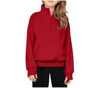 Girls Fleece Half Zip Sweatshirt Quarter Zip Pullover With Thumb Hole, Kids Fall Stretchy Tops Long Sleeve Pe School Sweater V Neck Jumpers Gymnastics Running Yoga Sports Outfits 9 Years Red