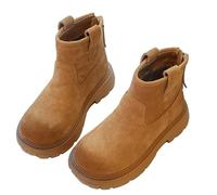 Girls' Fleece Lined Ankle Boots With Side Zipper, Winter Stylish Chunky Heels Booties Non-Slip Round Toe Walking Shoes Patent Suede Combat Boots Winter Footwear