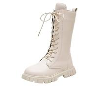 Girls' Fleece Lined Boots, Long Shaft Leather Riding Boots with Side Zip, Lace-Up Boots, Elegant Ankle Boots, Non-Slip Shoes, Warm Autumn Boots, Winter Boots, 02 white, 1 UK