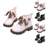 Girls Fleece Short Boots Metal Bowknot Riding Booties Lace Up Shoes Glossy Paint Leather Boots Kids Winter Warm Boot Cute Princess Bootie with Grip Sole Side Zip Booties Waterproof Shoe for Outdoor