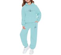 Girls Fleece Tracksuit, Winter Warm Pullover with Hood and Trousers, Kids Leisure Outfit, Cute Printed Jogging Two Piece Set, sky blue, 12-13 Years