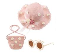 Girls Floppy Straw Hat with Sunglasses & Mini Purse Flower Lace Summer Beach Sun Hat Packable Windproof Bucket Hat Sun Protection Cap for Holiday Travel Outdoor, 4-7 Yrs (Style 1-Pink)