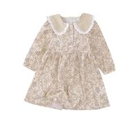 Girls Floral Cotton Dress Long Sleeves Button A-Line Casual Dress Birthday Party Dress Crew Neck Hem Midi Dress for Kids Girl 3-8 Years Khaki