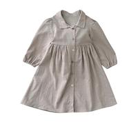 Girls Floral Cotton Dress Long Sleeves Button A-Line Casual Dress Birthday Party Dress Crew Neck Hem Midi Dress for Kids Girl 3-8 Years Gray