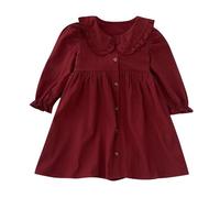 Girls Floral Cotton Dress Long Sleeves Button A-Line Casual Dress Birthday Party Dress Crew Neck Hem Midi Dress for Kids Girl 3-8 Years Red