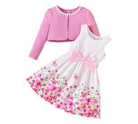 Girls Floral Dress Set Spring Summer Outfits Toddler Two Piece Cardigan and Floral Print Dress for Casual Daily Wear (4-5 Years) Pink