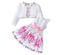 Girls Floral Dress Set Spring Summer Outfits Toddler Two Piece Cardigan and Floral Print Dress for Casual Daily Wear (5-6 Years) Hot Pink