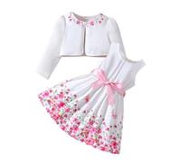 Girls Floral Dress Set Spring Summer Outfits Toddler Two Piece Cardigan and Floral Print Dress for Casual Daily Wear (White, 3-4 Years)