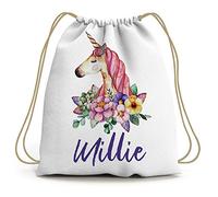 Girls Floral Unicorn Drawstring Bag - Personalised Back to School Backpack for Kids - PE Dance Gymnastics, White, One Size