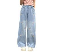 Girls Flower Embroidered Jeans, Straight Leg Baggy Denim Pants with Elastic Waist, Comfortable Wide Leg Toddler to Teen Casual Playwear (Light Blue, 13-14 Years)