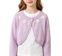 Girls Flower Embroidery Cropped Cardigan Front Button Knit Shrug Sweater Kids Long Sleeve Uniform Dress Knitwear Cardigan Lightweight Cute Casual Outwear (Purple, 13-14 Years)
