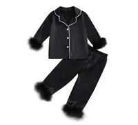 Girls Fluffy Silk Pyjamas Long Sleeve Button Up Kids Satin Pjs Plain Shirt Trousers Set Lapel Matching Pajamas Solid Color Comfy Soft Sleepsuits (Black, 12-13 Years)