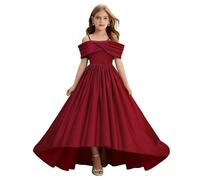 Girls Formal Long Dress One Shoulder Spaghetti Strap Flower Dresses Kids Cute Plain A Line Birthday Wedding Party Dress School Stage Performance Clothes (Red, 11-12 Years)