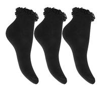 Girls Frilly Lace Ruffled Trim Ankle Trainer Liner Socks, Kids Cotton Rich Solid Liners with Fairy Goth Cuffs Back to School Dance Socks Uniform Pack Of 3 UK One Size 4-6, Black