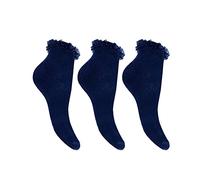 Girls Frilly Lace Ruffled Trim Ankle Trainer Liner Socks, Kids Cotton Rich Solid Liners with Fairy Goth Cuffs Back to School Dance Socks Uniform Pack Of 3 UK One Size 4-6, Navy