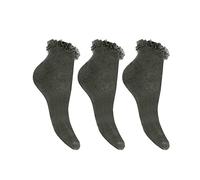 Girls Frilly Lace Ruffled Trim Ankle Trainer Liner Socks, Kids Cotton Rich Solid Liners with Fairy Goth Cuffs Back to School Dance Socks Uniform Pack Of 3 UK One Size 4-6, Grey
