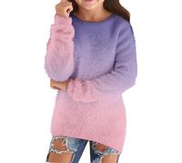 Girls Fuzzy Sweaters Gradient Trendy Fleece Pullovers Soft Warm Knitted Jumpers Casual Crewneck Winter Wool Sweatshirts Long Sleeve Tops for Outdoors Walking (01-1-Pink, 11-12 Years)