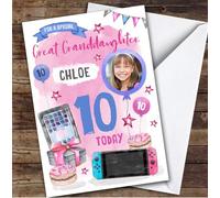 Girl's Gamer Gaming Photo Great Granddaughter 10th Birthday Personalised Card - Personalised Birthday Greeting Card For Kids, Custom Birthday Card