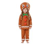 Girls Gingerbread Man Christmas Costume - Medium - Brown Top with Green Bowtie & Gingerbread Man Hood, Brown Trousers - Childs Kids Festive Xmas Fancy Dress Costume