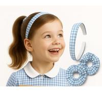 Girls Gingham Hair Set - Light Blue School Headband & 2 Matching Scrunchies | Back to School Hair Accessories | Classic Check Pattern | Ideal for Primary Uniforms | 3-Piece Pack for Girls