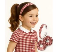 Girls Gingham Hair Set - Red School Headband & 2 Matching Scrunchies | Back to School Hair Accessories | Classic Check Pattern | Ideal for Primary Uniforms | 3-Piece Pack for Girls