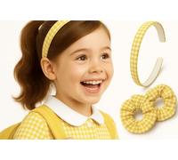 Girls Gingham Hair Set - Yellow School Headband & 2 Matching Scrunchies | Back to School Hair Accessories | Classic Check Pattern | Ideal for Primary Uniforms | 3-Piece Pack for Girls