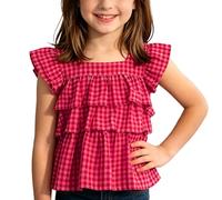 Girls Gingham Tiered Ruffle T-Shirts Kids Sleeveless Blouse Square Neck Shirts Casual Summer Tees Top Breathable Lightweight Black and White Checkered Everyday Wear Blouses for Children 3-10 Years