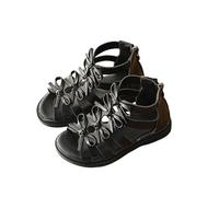 Girls Gladiator Shoes Kids Open Toe Adjustable Strap Sandals Zipper Up Heel Sandals Non Slip Flat Sole Soft Leather Shoes Summer Beach Hawaii Roman Trainers (Black, 9 Little Child)