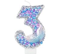 Girls Glitter 3 Number Candle, Blue Purple Pearls With Sequins Mermaid Tail, for Cakes Themed Decorations Party Supplies