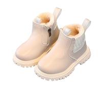 Girls Glitter Ankle Boots Kids Slip on Chelsea Boots with Side Zipper Toddler Platform Boot Casual Soft Walking Short Booties Winter Warm Plush Outdoor Flat Shoes (01-Beige, 8)