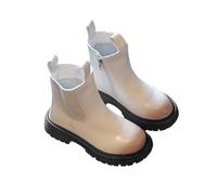 Girls Glitter Bead Chain Fashion Short Boots British Style Winter Big Kids Leather Boots Soft Sole, beige, 10 UK Child