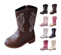 Girls Glitter Cowboy Boots Western Mid Calf Embroidered PU Leather Cowgirl Boots with Zipper Anti-Slip Comfortable Party Birthday Dance Shoes for Toddler Little Big Kids Brown