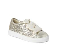 Girls' Glitter Gold Sneakers with Satin Ribbon Laces - Sparkly Low-Top Trainers UK Size Youth 12