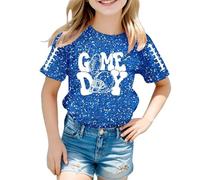Girls Glitter Graphic T Shirt Soft Comfortable Short Sleeve Casual Tops for Kids Teens Fashion T Shirt Stylish Print, blue, 4-5 Years