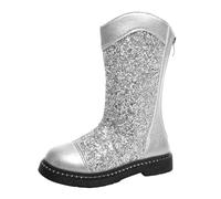 Girls Glitter Long Boots Kids Sparkly Lace Up Combat Walk Trainers with Zip Up Chunky Low Heel Shiny Dress Booties Teen Girls Waterproof Easy On/Off UK Size Shoes (Silver, 9 Little Child)
