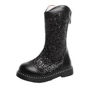 Girls Glitter Long Boots Kids Sparkly Lace Up Combat Walk Trainers with Zip Up Chunky Low Heel Shiny Dress Booties Teen Girls Waterproof Easy On/Off UK Size Shoes (Black, 11.5 Little Child)