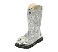 Girls Glitter Long Boots Pearl Kids Sparkly Lace Up Combat Walk Trainers with Zip Up Chunky Low Heel Shiny Dress Booties Teen Girls Waterproof Easy On/Off UK Size Shoes (Silver, 10 Little Child)