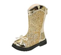 Girls Glitter Long Boots Pearl Kids Sparkly Lace Up Combat Walk Trainers with Zip Up Chunky Low Heel Shiny Dress Booties Teen Girls Waterproof Easy On/Off UK Size Shoes (Gold, 11.5 Little Child)