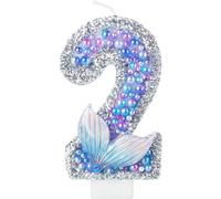 Girls Glitter Number 2 Candle, Blue Purple Pearls With Sequins Mermaid Tail, for Cakes and Themed Party Decorations Supplies
