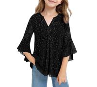 Girls Glitter Yarn Mesh Layered Top Summer Long Sleeve Shiny Sequin V-Neck Shirt Soft Comfortable Casual Blouse for Teen Girls#115e