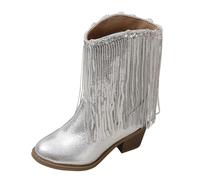 Girls Gold Sequins Boots Tassel High Heel Leather Soft Booties Kids Warm Outdoor Cute Waterproof Shoes Elegant Uniform Lightweight Adjusted Shoes (Silver, 11.5 Little Child)