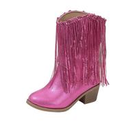 Girls Gold Sequins Boots Tassel High Heel Leather Soft Booties Kids Warm Outdoor Cute Waterproof Shoes Elegant Uniform Lightweight Adjusted Shoes (Hot Pink, 13 Little Child)