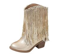 Girls Gold Sequins Boots Tassel High Heel Leather Soft Booties Kids Warm Outdoor Cute Waterproof Shoes Elegant Uniform Lightweight Adjusted Shoes (Gold, 13 Little Child)