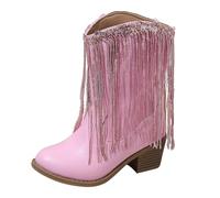 Girls Gold Sequins Boots Tassel High Heel Leather Soft Booties Kids Warm Outdoor Cute Waterproof Shoes Elegant Uniform Lightweight Adjusted Shoes (Pink, 13.5 Big Kids)
