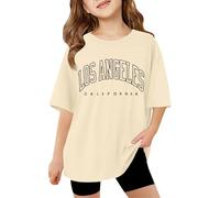 Girls Graphic Print Short Sleeve Tee Cute Casual Round Neck Tops for Spring Summer Outdoor Travel Playground Comfortable Blouse (G-Beige, 11-12 Years)