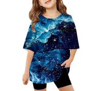 Girls Graphic Print Short Sleeve Tee Loose Fit Casual Top for Kids Comfortable Blend Playwear (Blue-A, 4-5 Years)