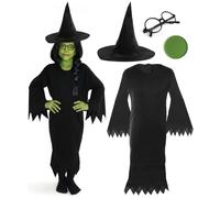 Girls Green Witch Costume - Large - Black Dress, Green Face Paint, Black Witch Hat and Circle Glasses - Perfect for World Book Day and Halloween